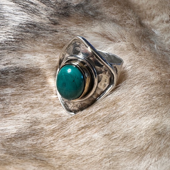 Hammered Sterling Silver & Bronze Bezel Malachite Statement Ring - Picture 2 of 12